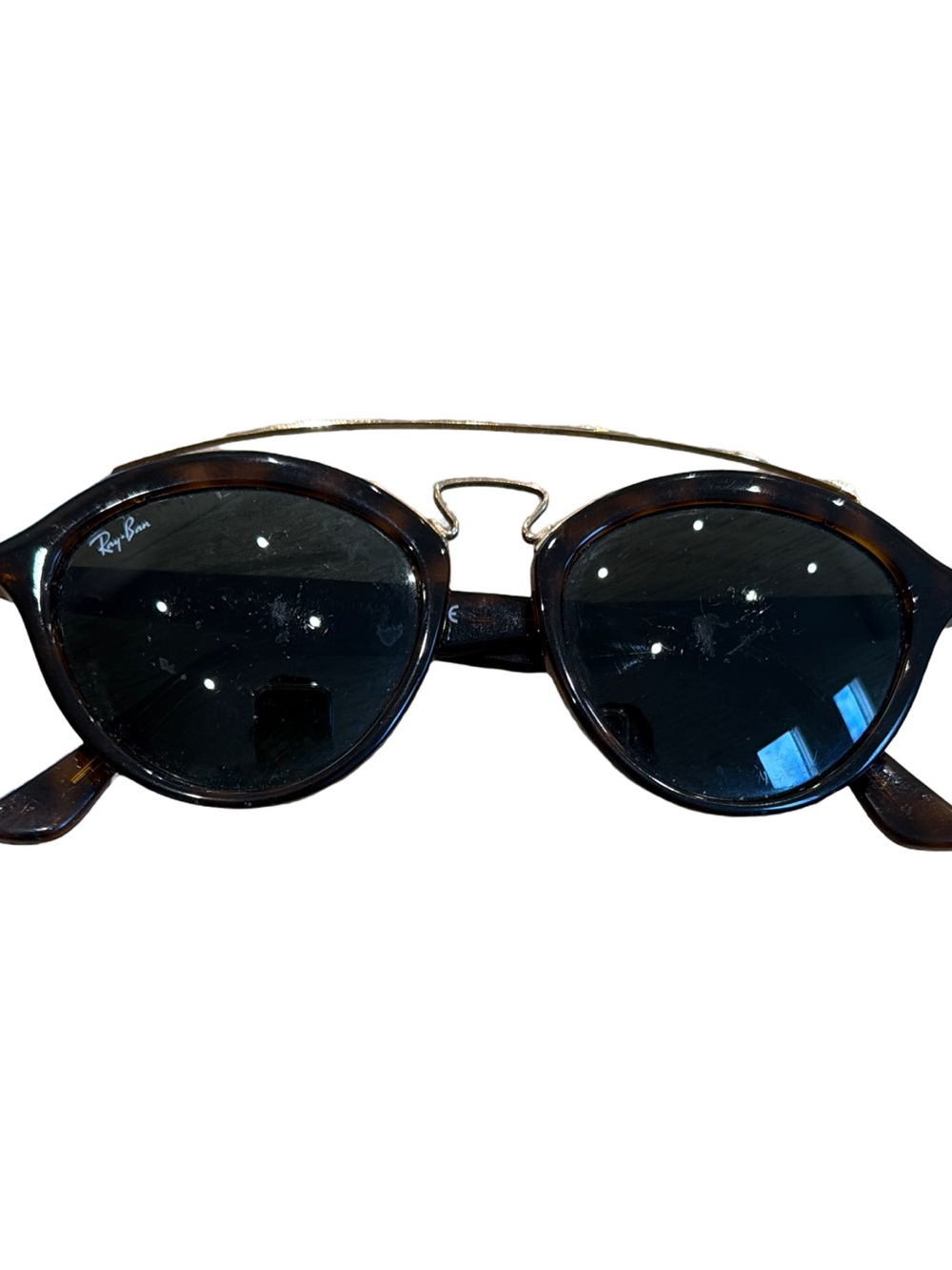 Ray-Ban Tortoiseshell Frame Sunglasses with Gold Brow Bar and Dark Lenses